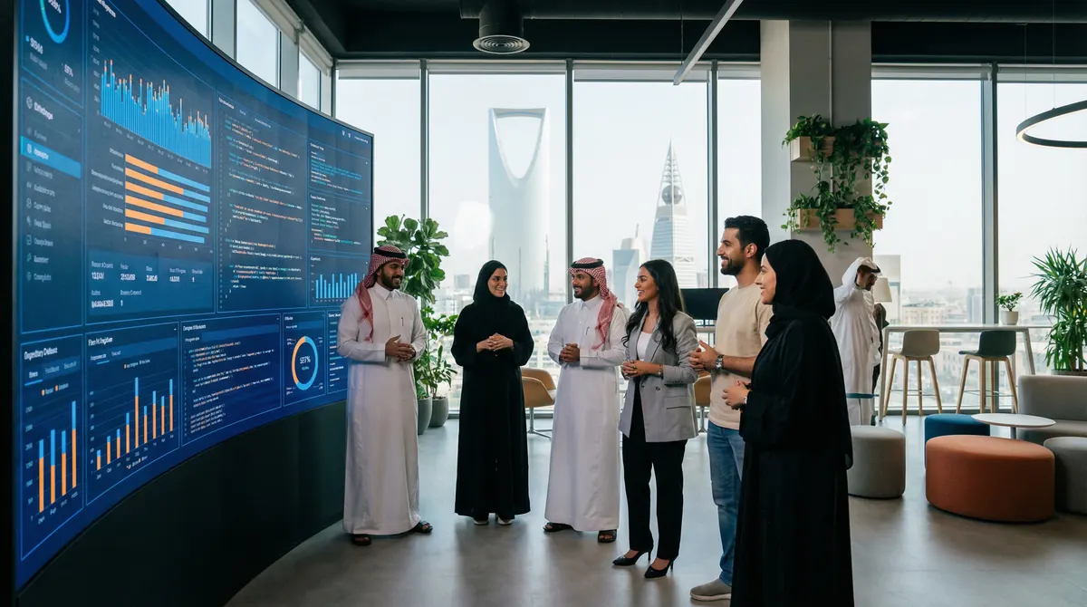 فريق عمل أمام لوحة مؤشرات تشغيل المرافق